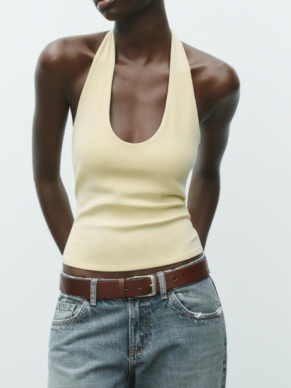 Zara Pale Yellow Halter Ribbed Tank